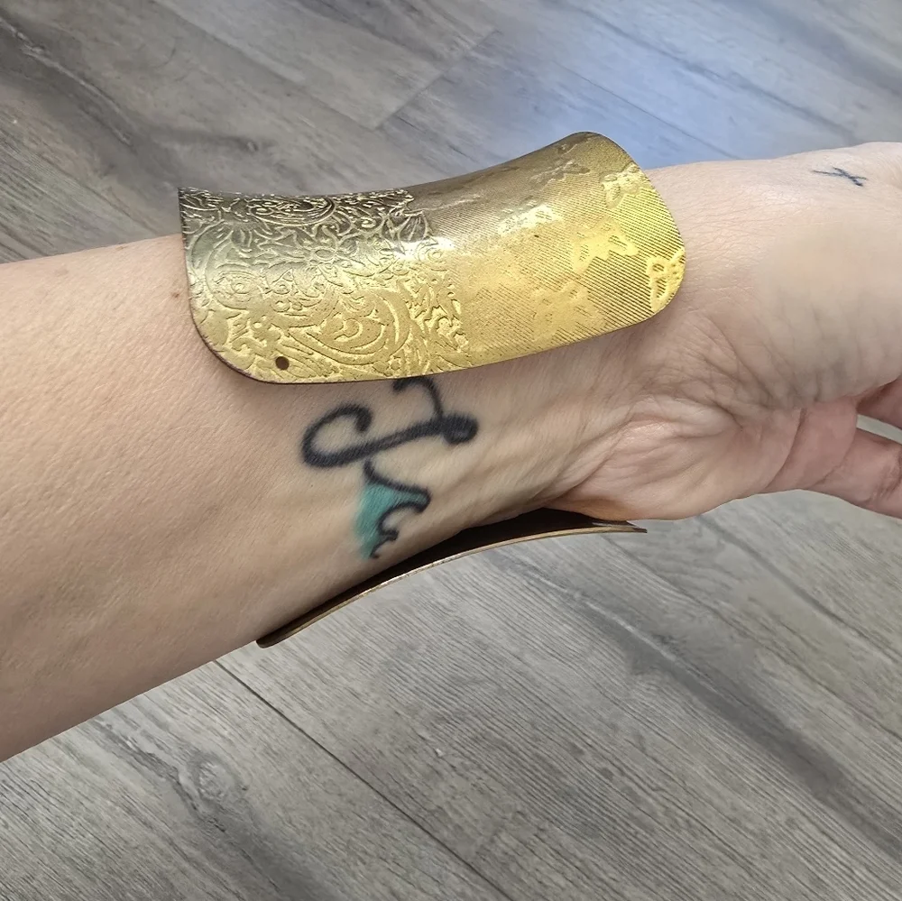 Brass Wide Cuff Bracelet Floral Butterfly Gold Boho Chunky Statement
